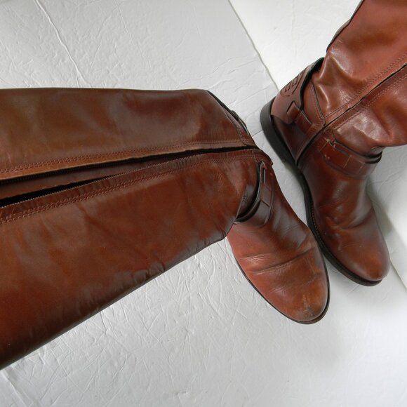 TORY BURCH DERBY TAN BROWN LEATHER RIDING BOOTS LOGO SZ 8M - Picture 5 of 8